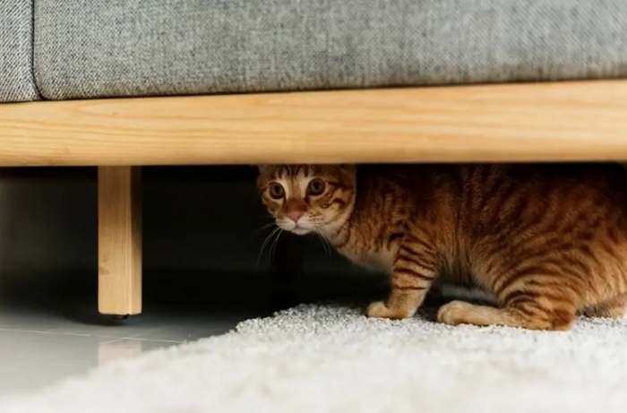Cat hiding under the sofa