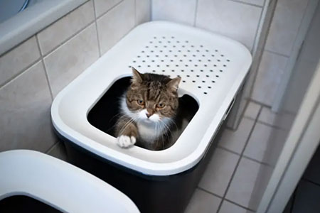 cat looking out of metal litter box